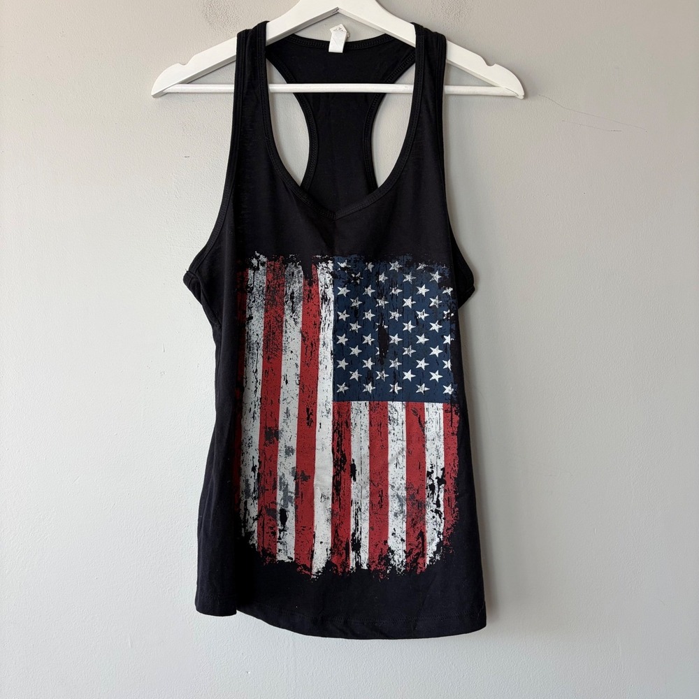 Next Level Ideal T Women's Black Distressed American Flag Racerback Tank Top L